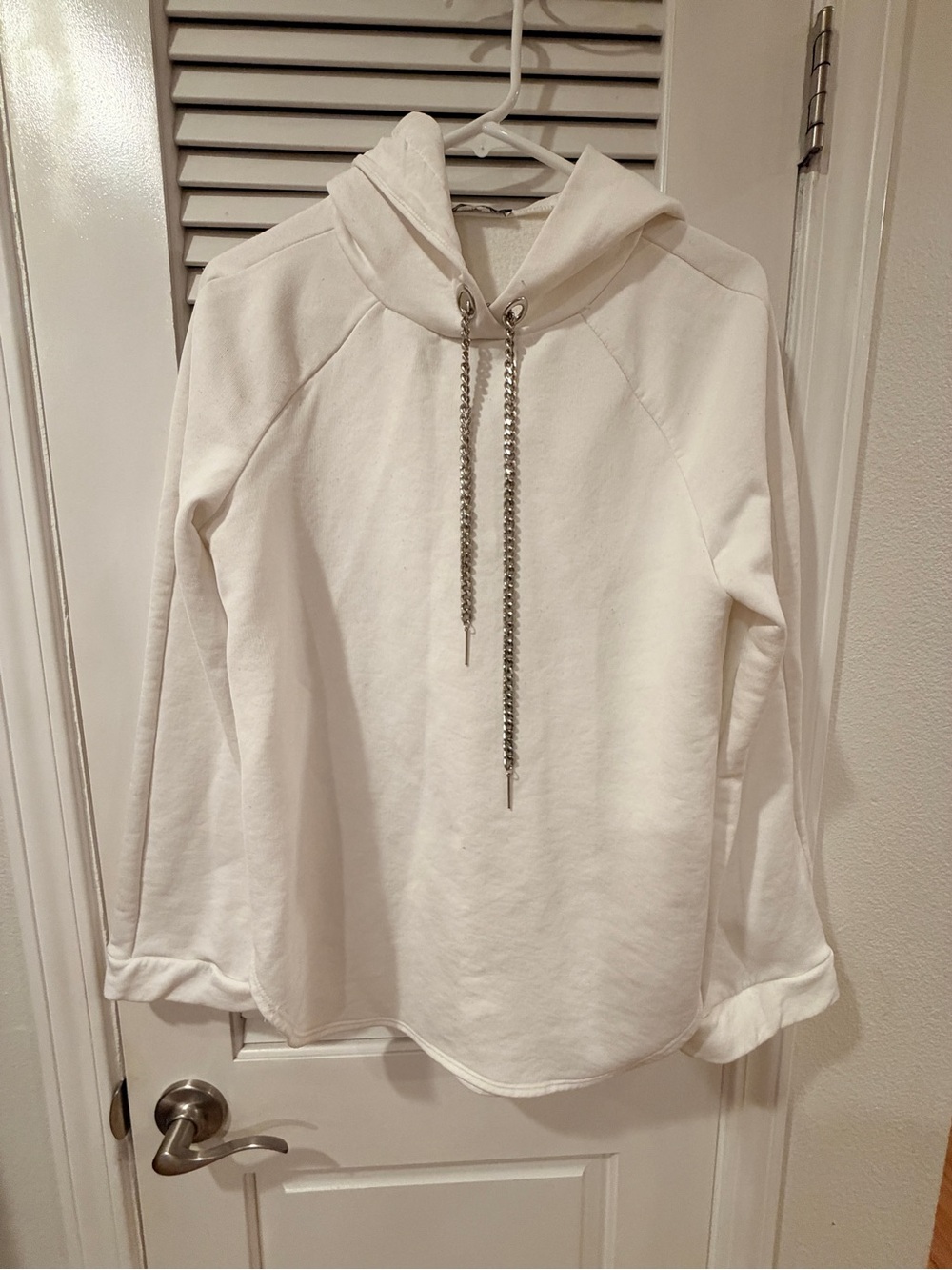 Zara Women's White Hooded Sweater with Chain Drawcord